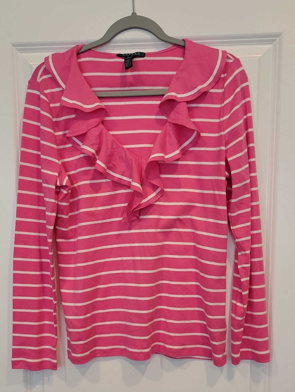 Lauren Ralph Lauren Women's Pink Ruffle V-neck Longsleeve Blouse In Large